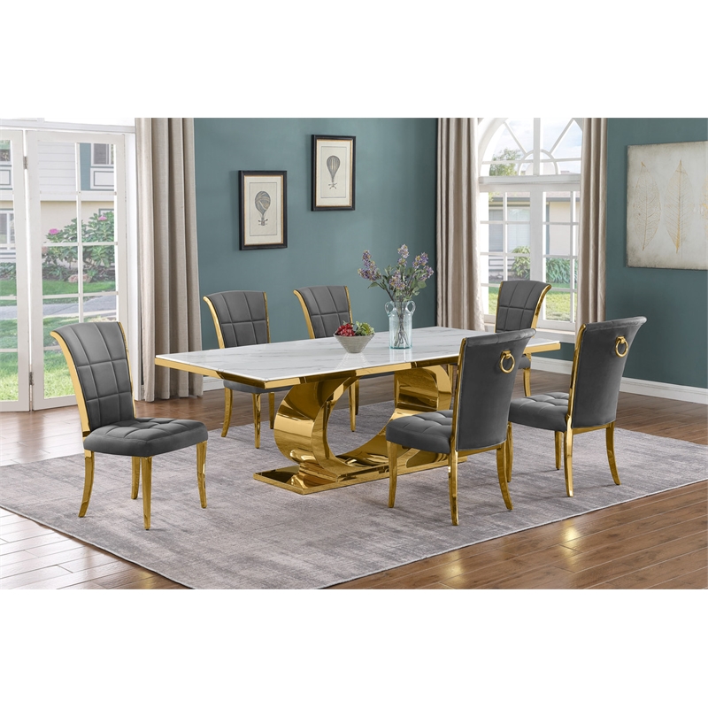 Best Quality Furniture White Marble Dining Set with Dark Gray Velvet Chairs