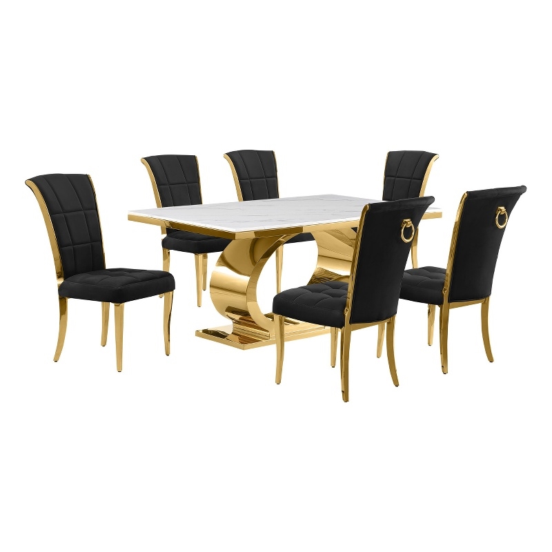 Best Quality Furniture White Marble Dining Set with Black Velvet Chairs