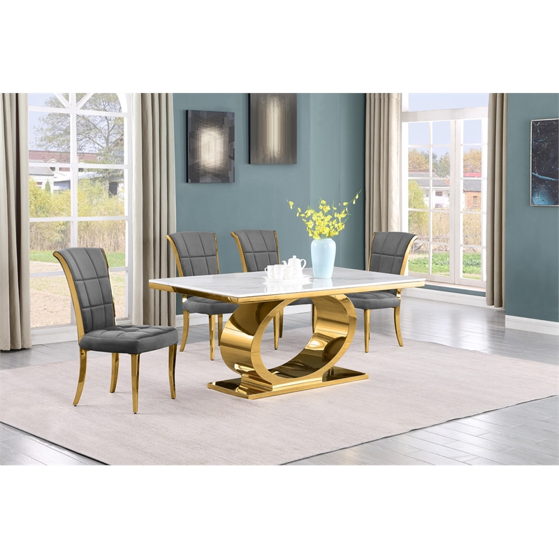 Best Quality Furniture White Marble Dining Set with Dark Gray Velvet Chairs