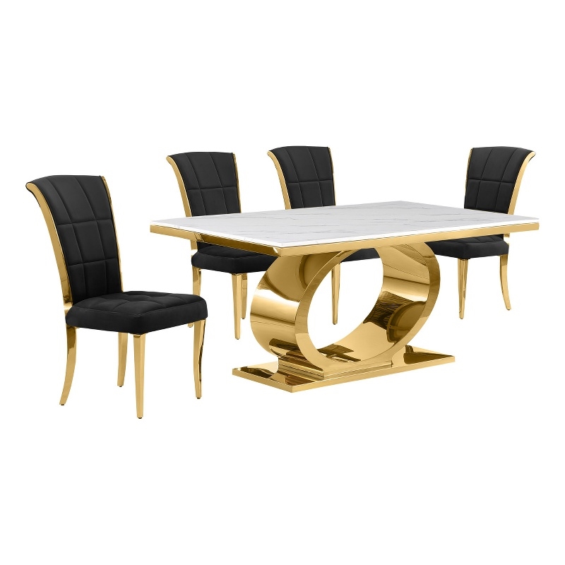 Best Quality Furniture White Marble Dining Set with Black Velvet Chairs