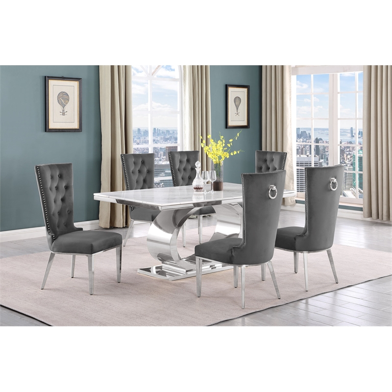 Best Quality Furniture White Marble Dining Set with Dark Gray Velvet Chairs
