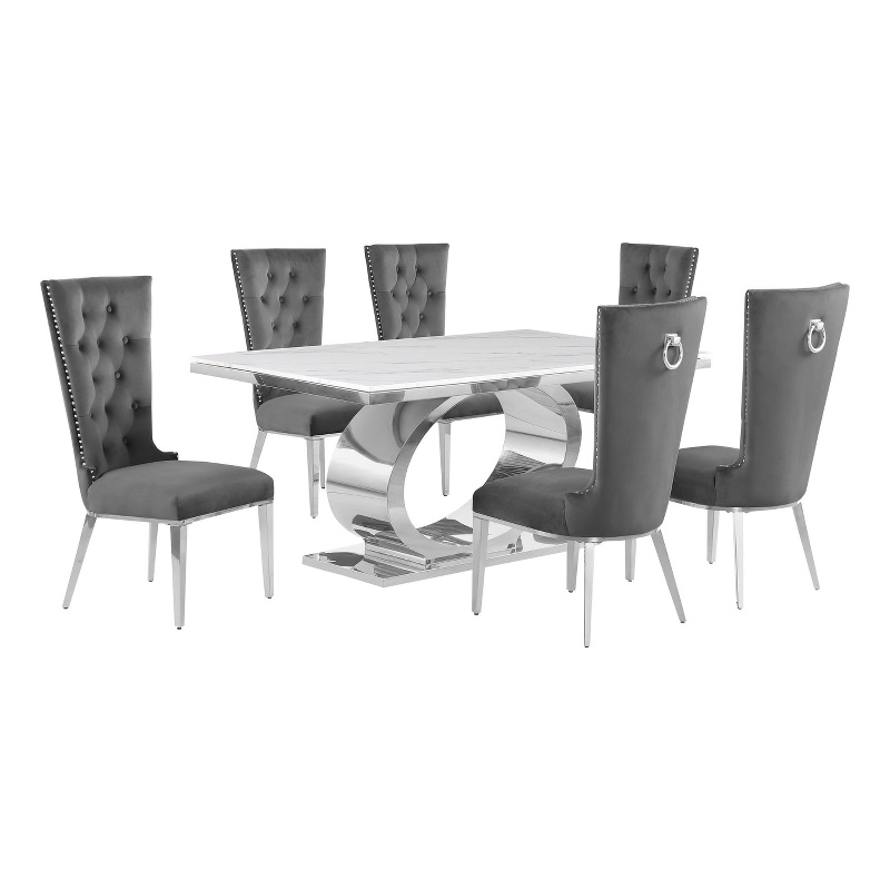 Best Quality Furniture White Marble Dining Set with Dark Gray Velvet Chairs