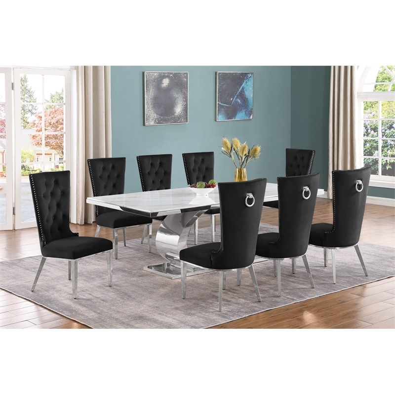 Best Quality Furniture White Marble Dining Set with Black Velvet Chairs