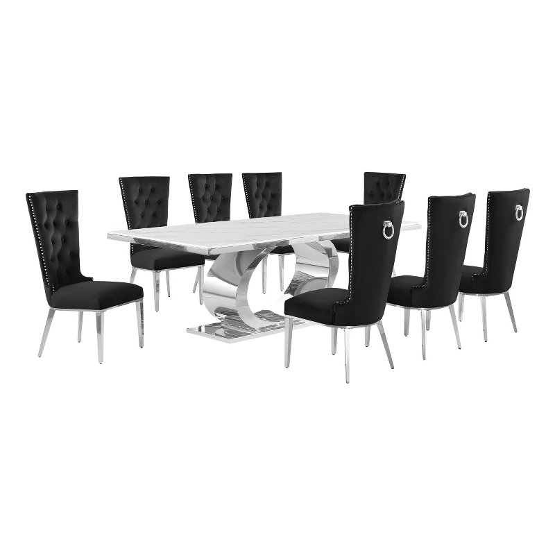 Best Quality Furniture White Marble Dining Set with Black Velvet Chairs