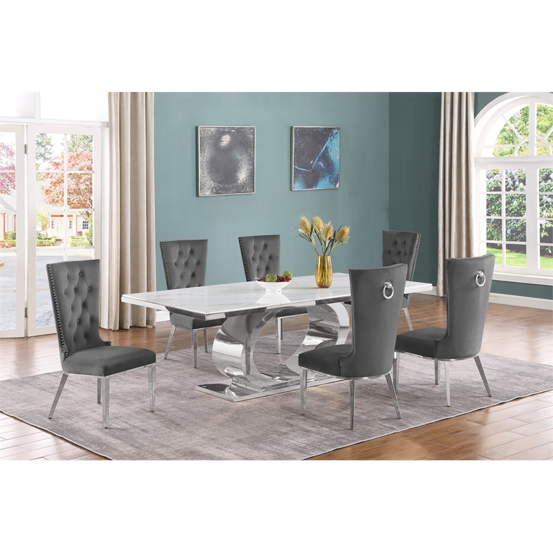 Best Quality Furniture White Marble Dining Set with Dark Gray Velvet Chairs