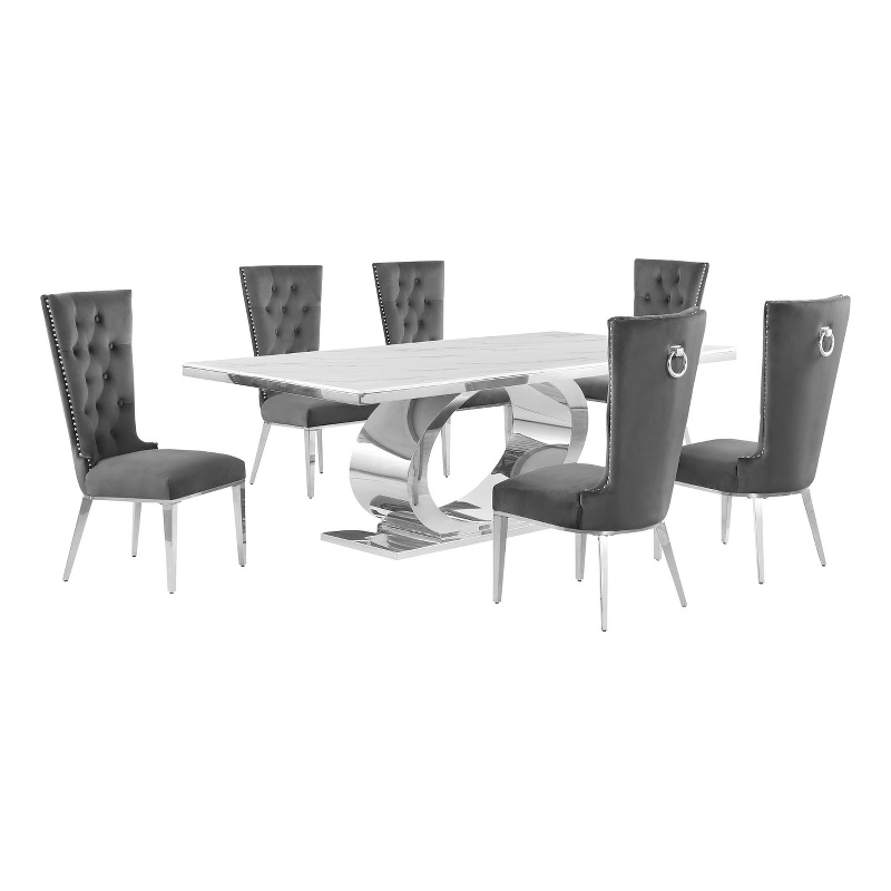 Best Quality Furniture White Marble Dining Set with Dark Gray Velvet Chairs