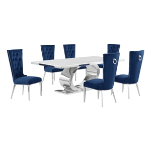Best Quality Furniture White Marble Dining Set with Navy Blue Velvet Chairs
