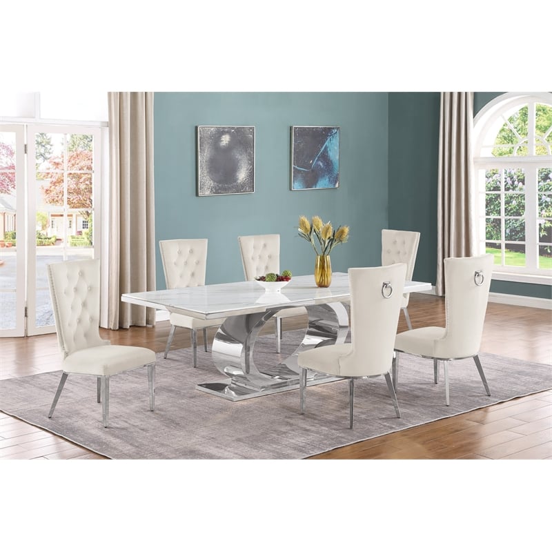 Best Quality Furniture White Marble Dining Set with Cream Velvet Chairs