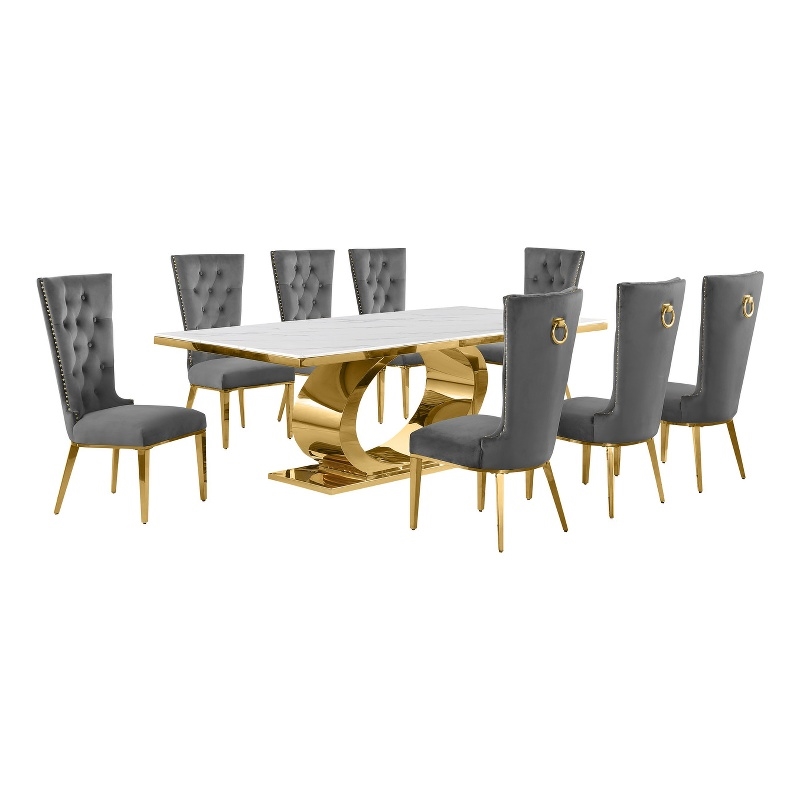 Best Quality Furniture White Marble Dining Set with Dark Gray Velvet Chairs