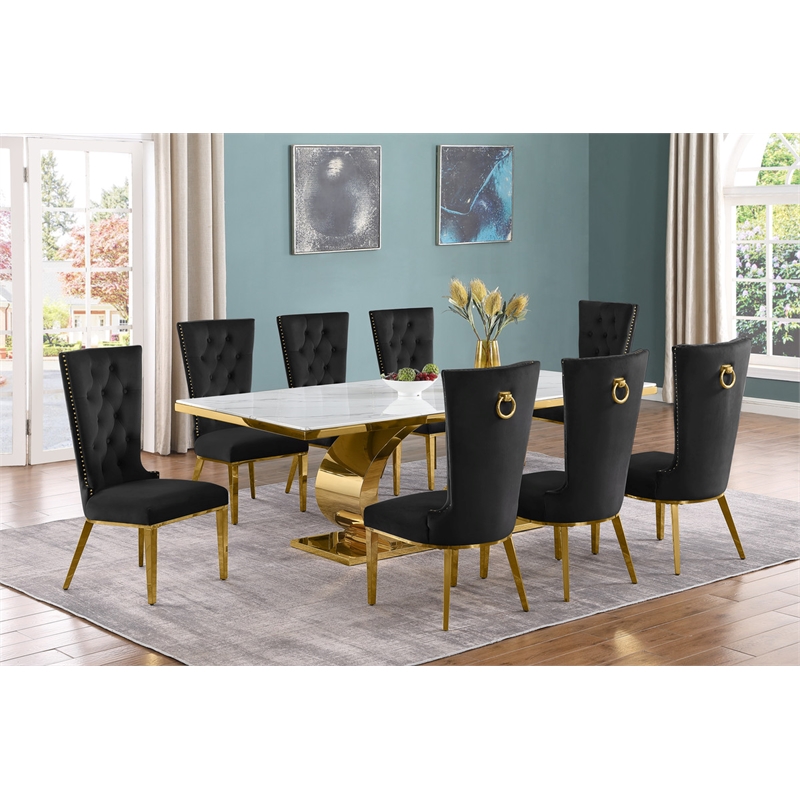Best Quality Furniture White Marble Dining Set with Black Velvet Chairs