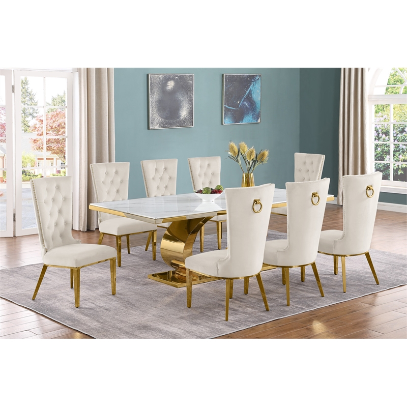 Best Quality Furniture White Marble Dining Set with Cream Velvet Chairs