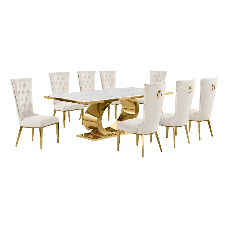 Best Quality Furniture White Marble Dining Set with Cream Velvet Chairs