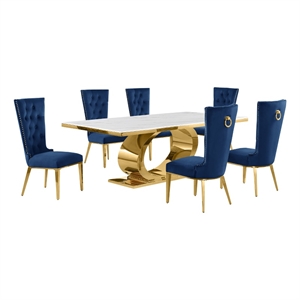 Best Quality Furniture White Marble Dining Set with Navy Blue Velvet Chairs