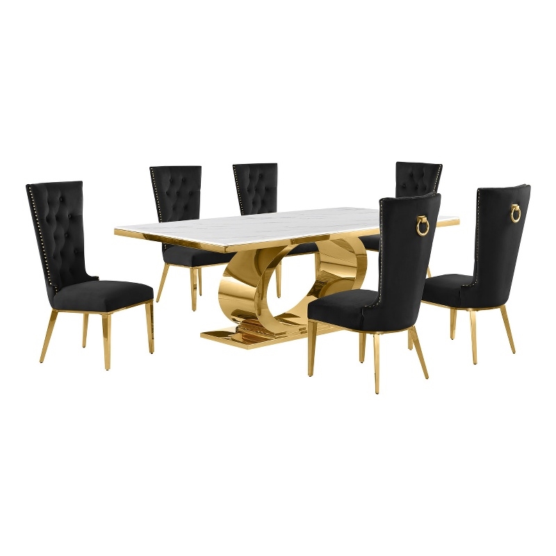 Best Quality Furniture White Marble Dining Set with Black Velvet Chairs