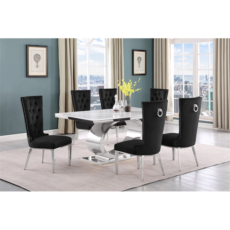 Best Quality Furniture White Marble Dining Set with Black Velvet Chairs