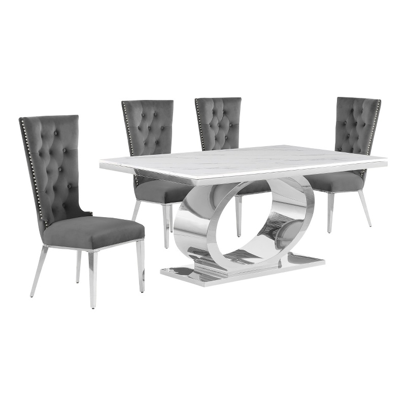 Best Quality Furniture White Marble Dining Set with Dark Gray Velvet Chairs