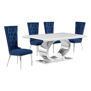 Best Quality Furniture White Marble Dining Set with Navy Blue Velvet Chairs