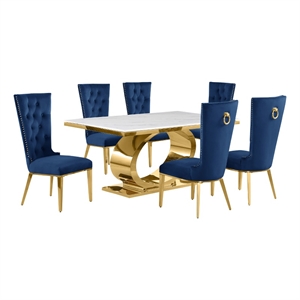 Best Quality Furniture White Marble Dining Set with Navy Blue Velvet Chairs