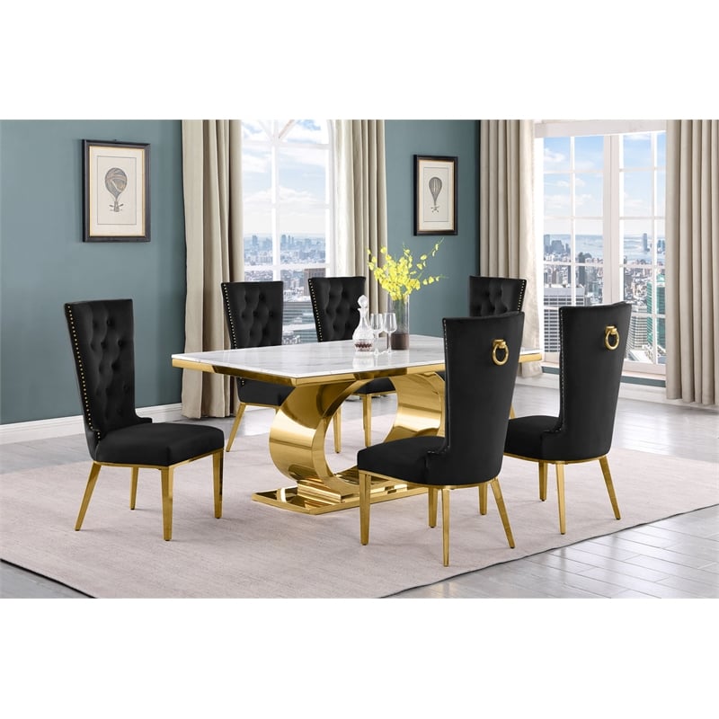 Best Quality Furniture White Marble Dining Set with Black Velvet Chairs