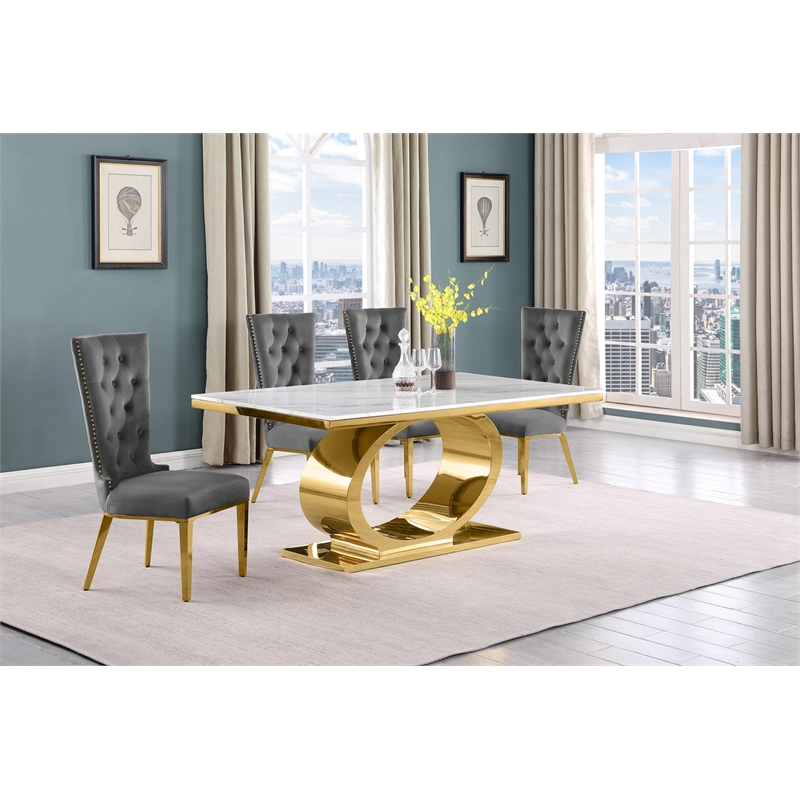 Best Quality Furniture White Marble Dining Set with Dark Gray Velvet Chairs