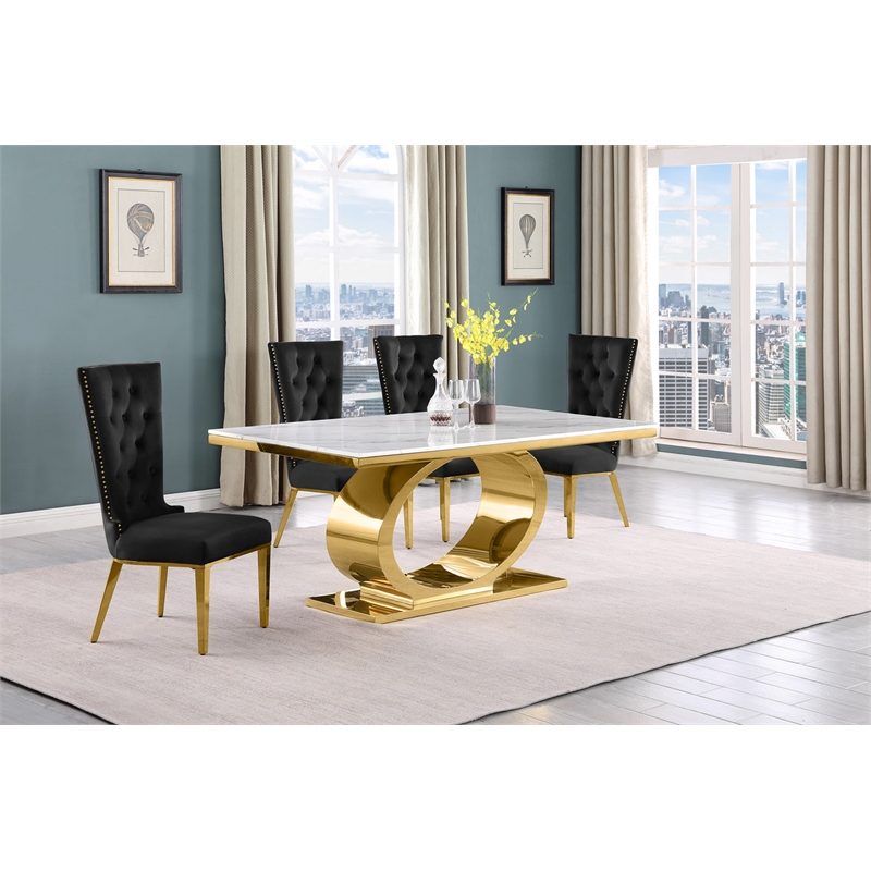 Best Quality Furniture White Marble Dining Set with Black Velvet Chairs