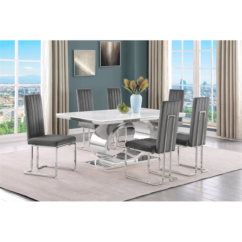 Best Quality Furniture White Marble Dining Set with Dark Gray Velvet Chairs