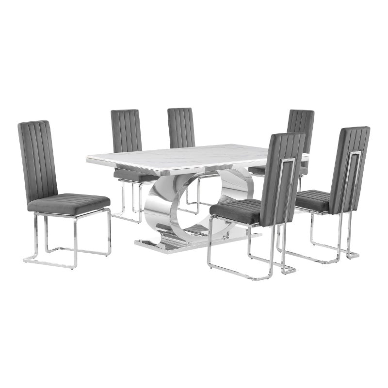Best Quality Furniture White Marble Dining Set with Dark Gray Velvet Chairs