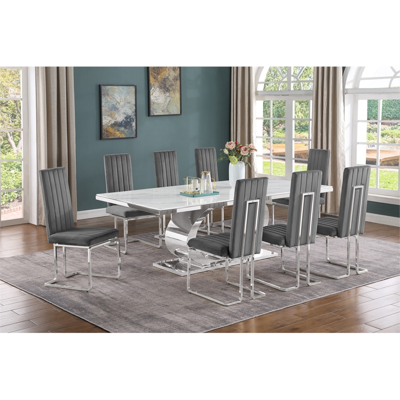 Best Quality Furniture White Marble Dining Set with Dark Gray Velvet Chairs