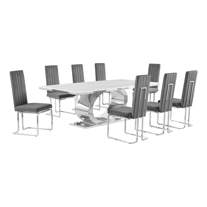 Best Quality Furniture White Marble Dining Set with Dark Gray Velvet Chairs