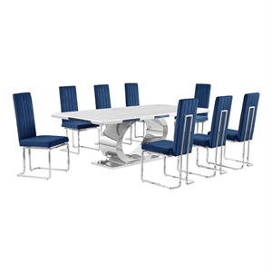 Best Quality Furniture White Marble Dining Set with Navy Blue Velvet Chairs