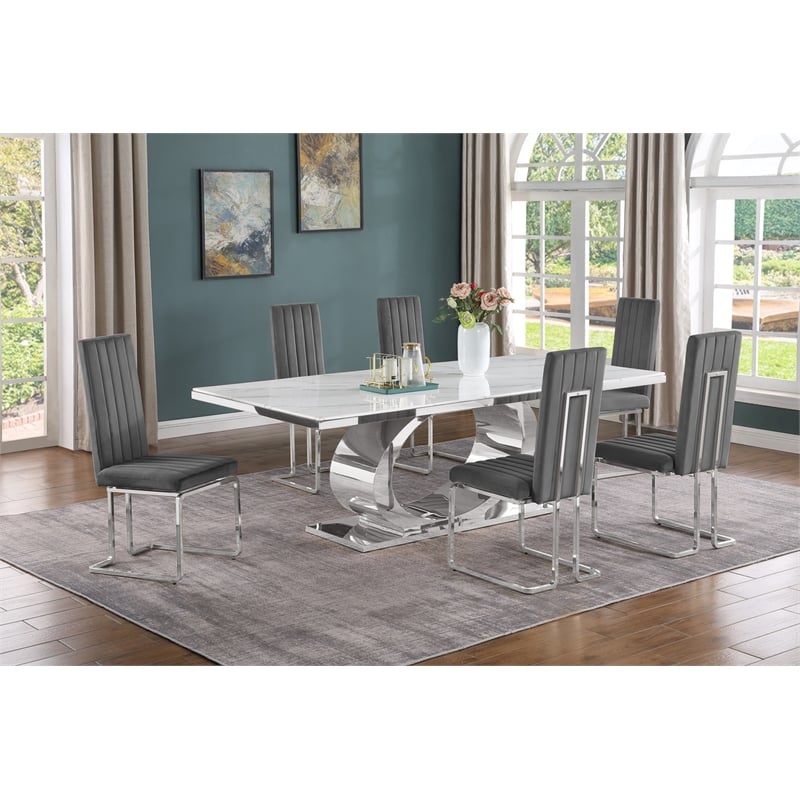 Best Quality Furniture White Marble Dining Set with Dark Gray Velvet Chairs