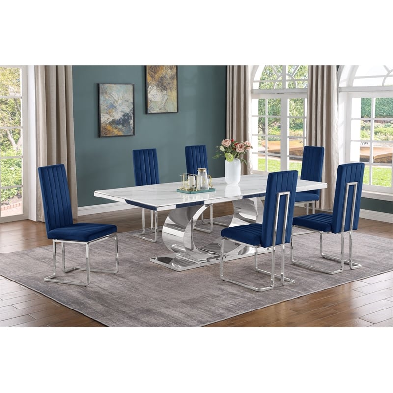 Best Quality Furniture White Marble Dining Set with Navy Blue Velvet Chairs