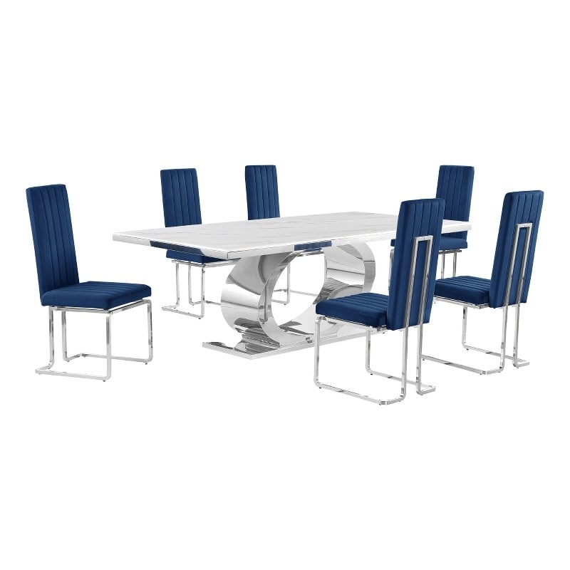 Best Quality Furniture White Marble Dining Set with Navy Blue Velvet Chairs