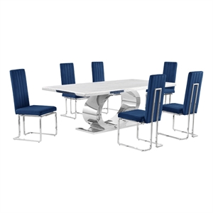 Best Quality Furniture White Marble Dining Set with Navy Blue Velvet Chairs