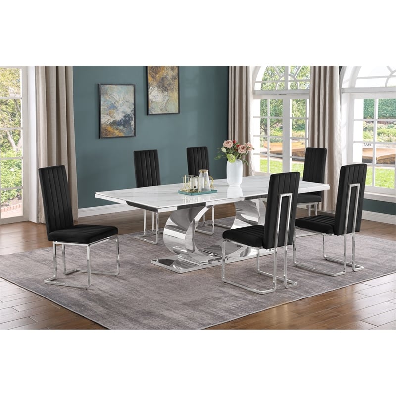 Best Quality Furniture White Marble Dining Set with Black Velvet Chairs