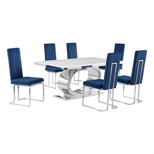 Best Quality Furniture White Marble Dining Set with Navy Blue Velvet Chairs