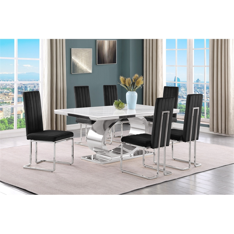 Best Quality Furniture White Marble Dining Set with Black Velvet Chairs
