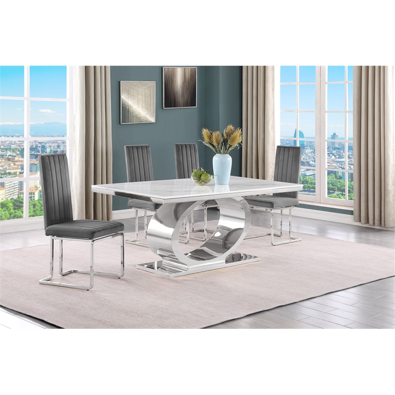 Best Quality Furniture White Marble Dining Set with Dark Gray Velvet Chairs