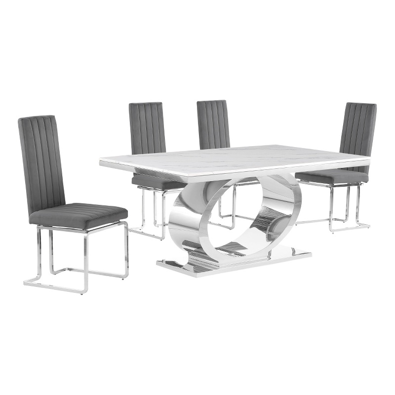 Best Quality Furniture White Marble Dining Set with Dark Gray Velvet Chairs