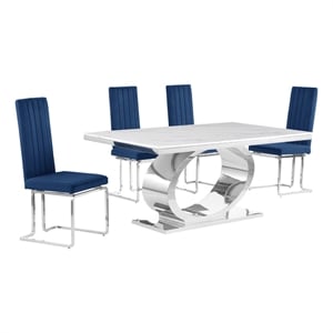 Best Quality Furniture White Marble Dining Set with Navy Blue Velvet Chairs