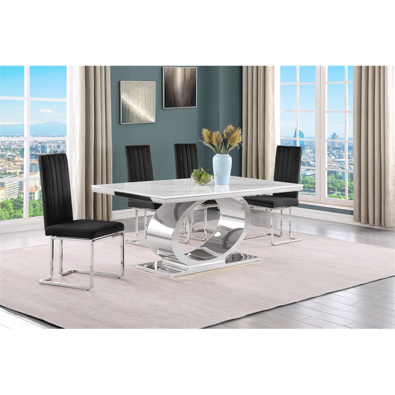 Best Quality Furniture White Marble Dining Set with Black Velvet Chairs