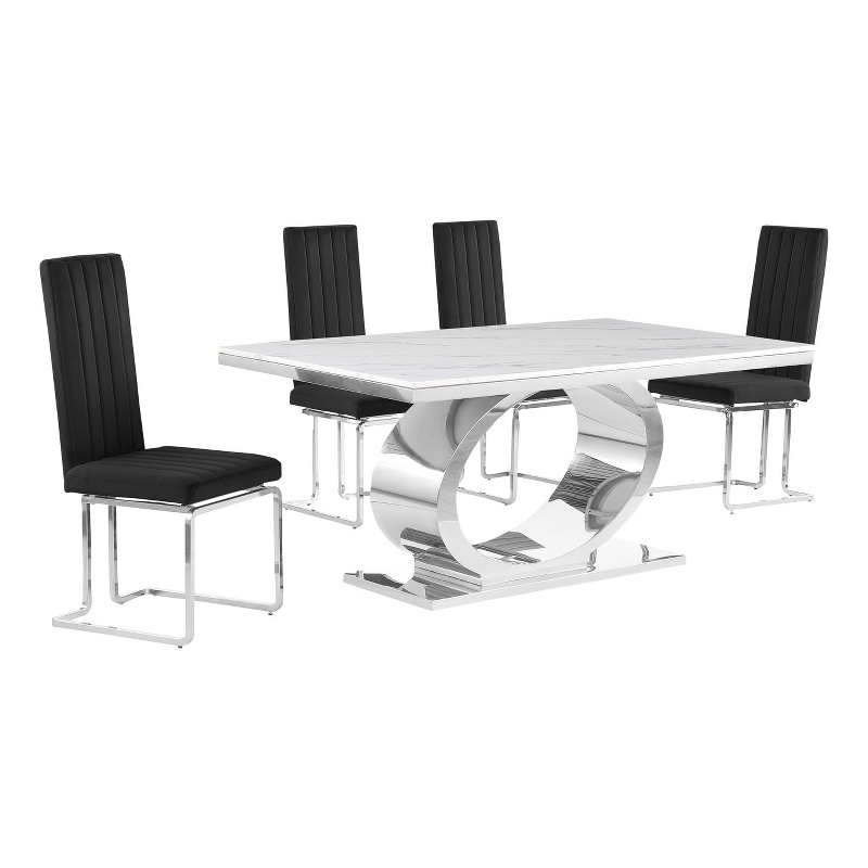 Best Quality Furniture White Marble Dining Set with Black Velvet Chairs