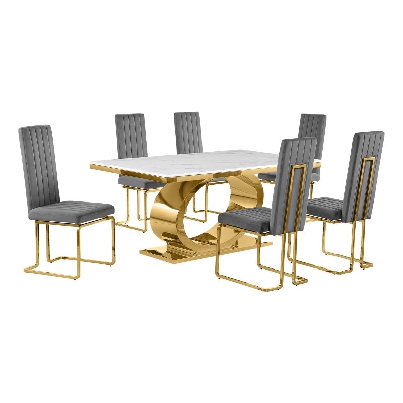 Best Quality Furniture White Marble Dining Set with Dark Gray Velvet Chairs