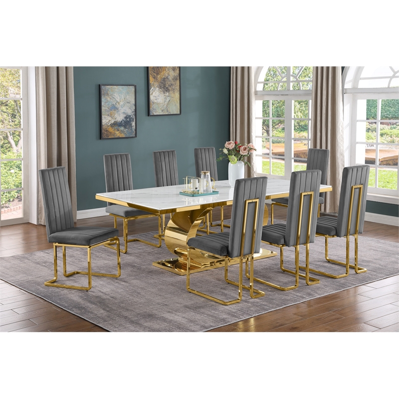Best Quality Furniture White Marble Dining Set with Dark Gray Velvet Chairs