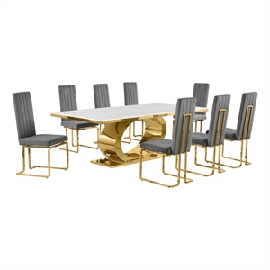 Best Quality Furniture White Marble Dining Set with Dark Gray Velvet Chairs
