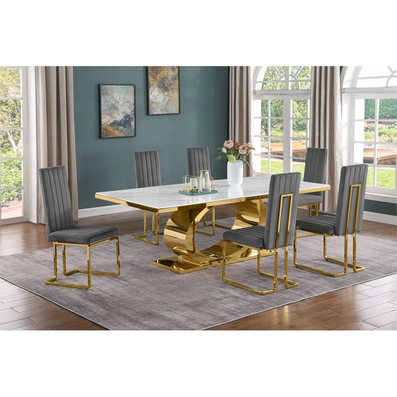 Best Quality Furniture White Marble Dining Set with Dark Gray Velvet Chairs