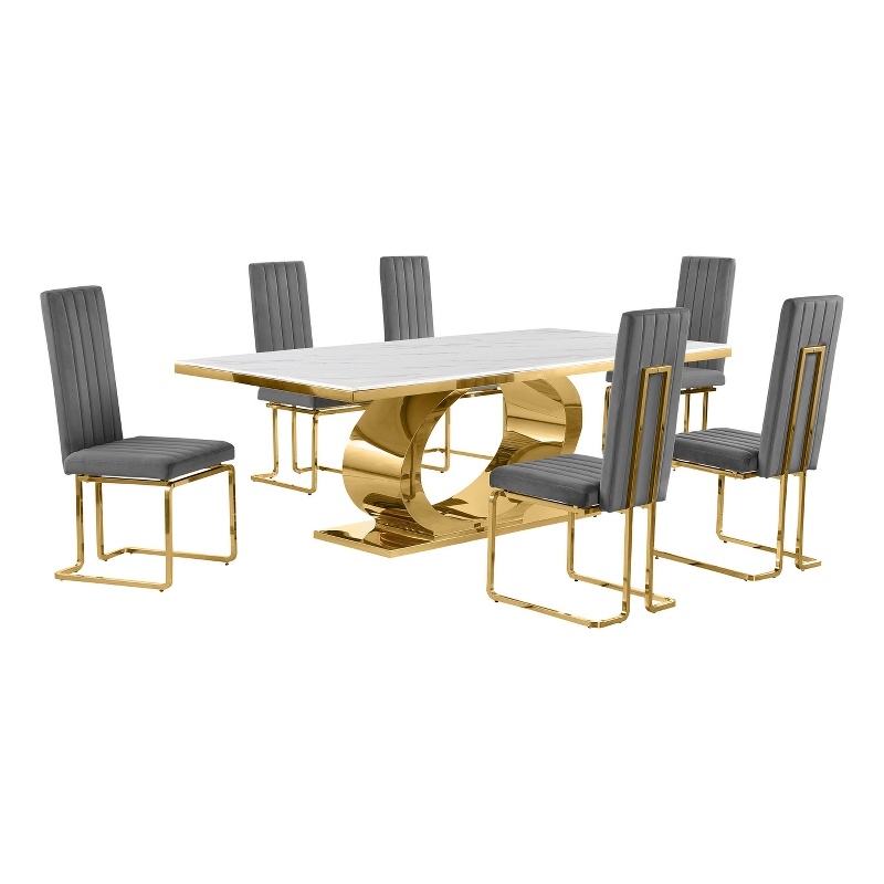 Best Quality Furniture White Marble Dining Set with Dark Gray Velvet Chairs