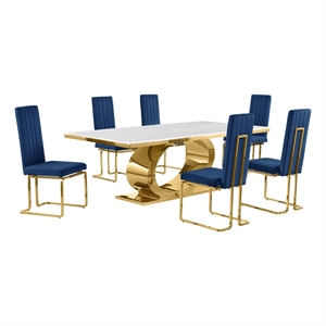 Best Quality Furniture White Marble Dining Set with Navy Blue Velvet Chairs