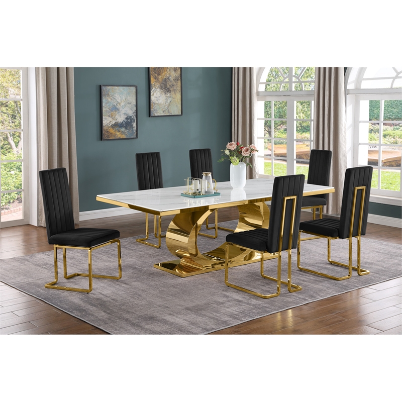 Best Quality Furniture White Marble Dining Set with Black Velvet Chairs