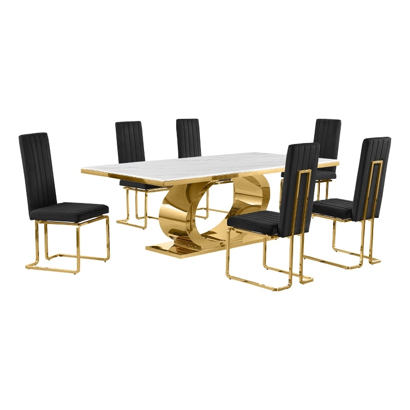 Best Quality Furniture White Marble Dining Set with Black Velvet Chairs